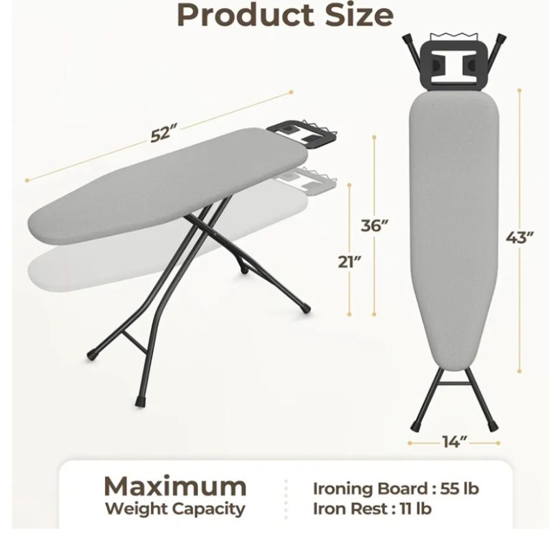 Photo 1 of 
Yaheetech Foldable Ironing Board, Heavy Duty Iron Board with 9 Adjustable Heights, 4 Layer Cover and Safety Iron Rest, 52X14 Compact and Space Save Iron Board for Home Laundry Room Use, Gray