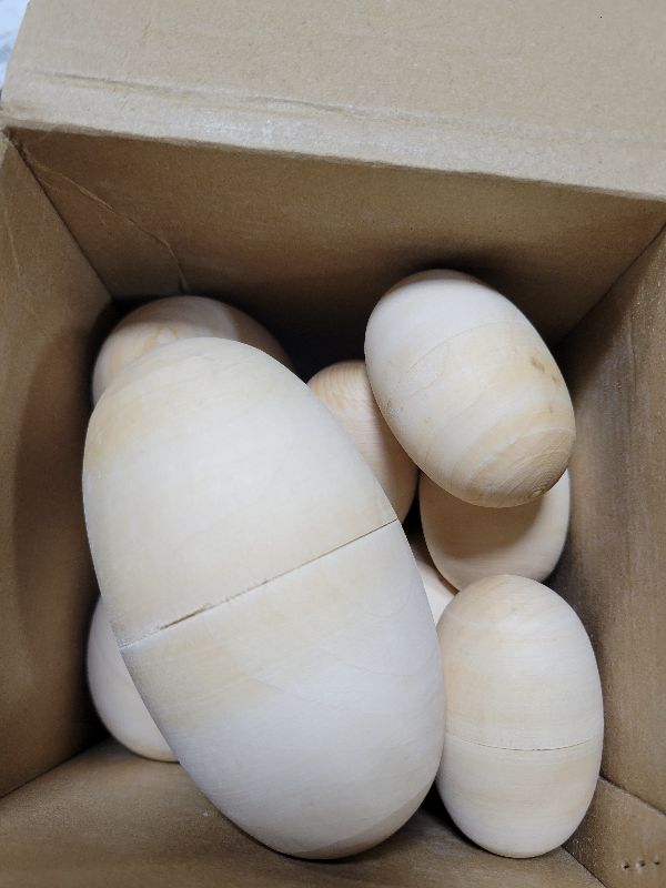 Photo 1 of 16 Pcs Large Easter Fillable Unfinished Wooden Eggs 4.33 inch 3.15 inch and 2.36 inch for Easter Egg Hunt Basket Stuffers Game Supplies Party Favor DIY Painting Art Craft Decorations Home Decor