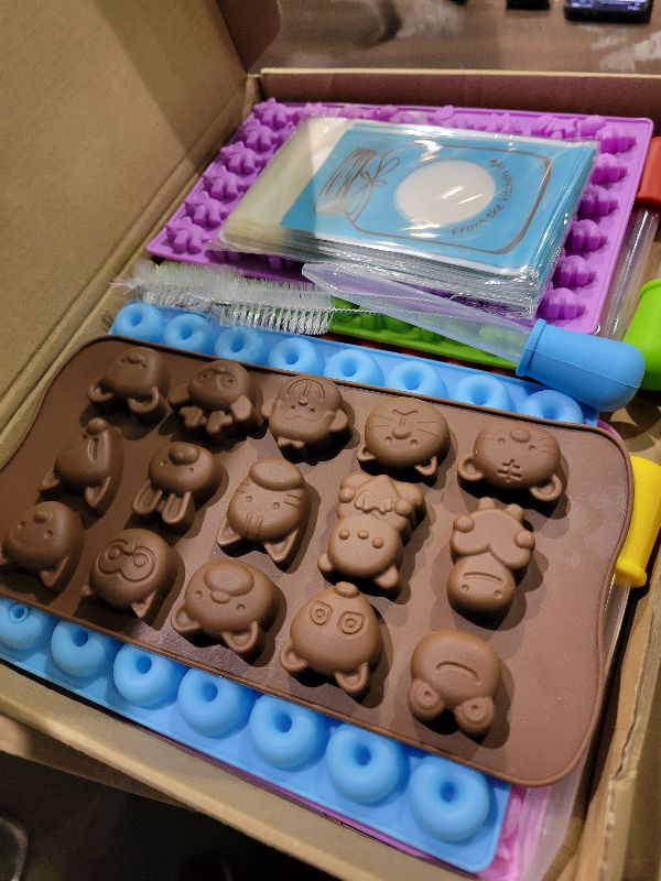 Photo 1 of 117Pcs Silicone Gummy Bear Molds Kit with 100 Wrappers, 5 Recipe Cards, 4 Droppers & 2 Brushes,Non-Stick Candy Mold for DIY Chocolate, Gummy Bears, Party Favors (Dinosaur, Bear, Fruits, Donut Shapes)