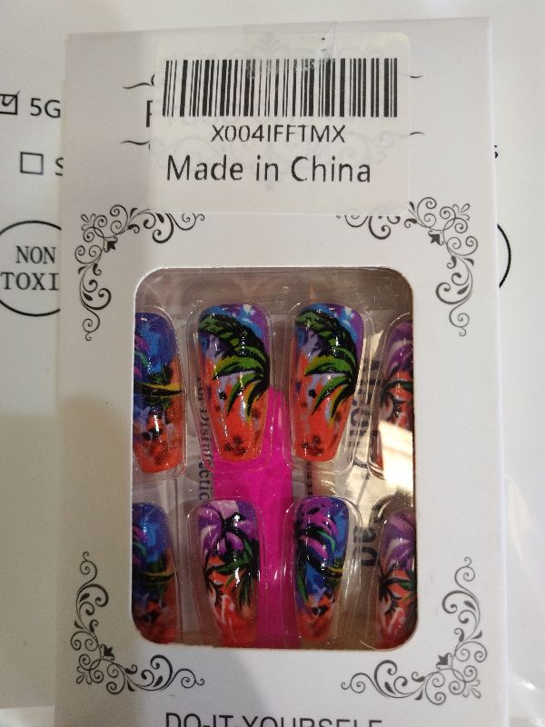 Photo 1 of 24Pcs Summer Press on Nails Medium Fake Nails with Colorful Coconut Tree Design Full Cover Glossy Acrylic Nails Reusable False Nails Stick on Nails for Women Girls Summer Nail Art Decoration