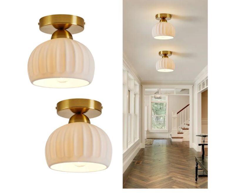 Photo 1 of 2 Pack Ceramic Wood Brass Semi Flush Mount Ceiling Light Vintage Hallway Light Fixtures, Modern Small Ceiling Mount Light Lamp for Hall Kitchen Entryway Passway Porch Foyer