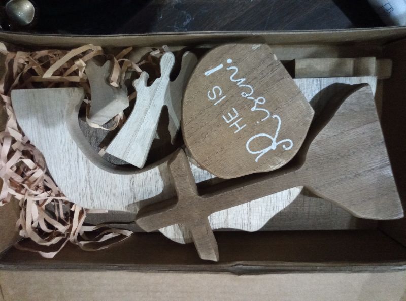 Photo 1 of ?He is Risen?Empty Tomb Scene Spring Easter Decorations, Jesus Nativity Resurrection Figurines Set With Wooden Cross For Home, Office, Table, Shelf, Mantle Decor – Christian Catholic Religious Gifts