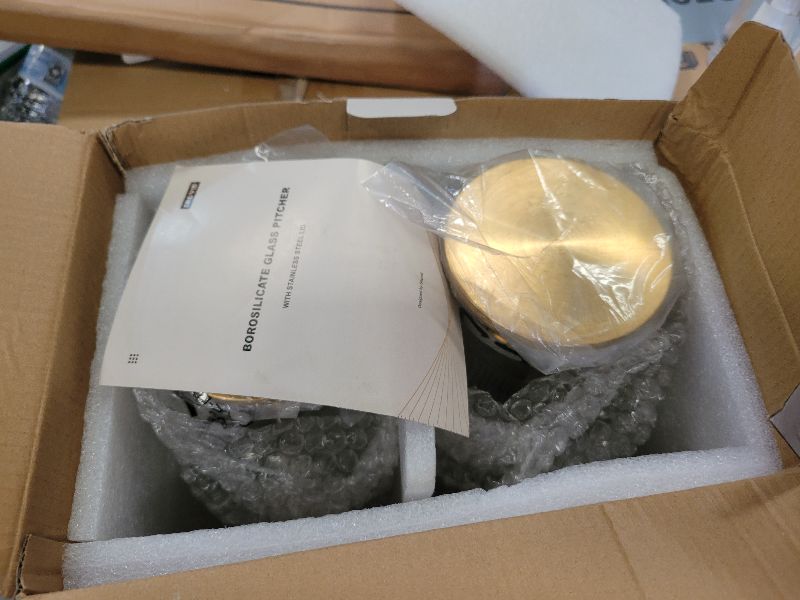 Photo 1 of 2 Pack 2 Liter/68 oz Square Glass Pitcher with Lid, Classic Stripes Water Pitchers with Handle for Fridge, Large Jug for Iced Tea, Coffee, Borosilicate Glass Carafe for Hot/Cold Brew Drink, Gold