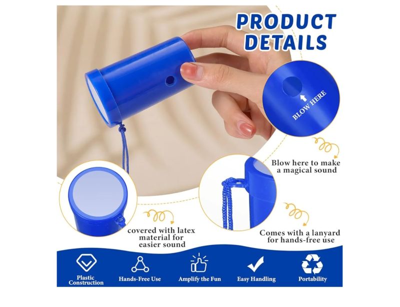 Photo 1 of 24 Pcs Mini Air Horns 3 Inch Noisemakers for Sporting Events Parties Celebrations Loud Noise Maker Blow Horn Noise Whistle with Lanyard for Birthday Party Celebrations Goodie Fillers(Blue)
