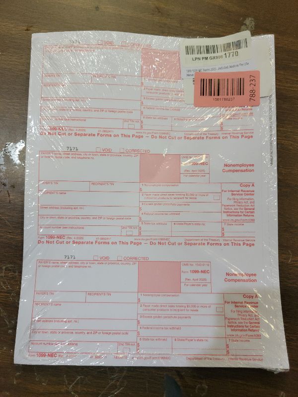 Photo 1 of 1099 NEC Forms 2025 4 Part Tax Forms Kit of Laser Forms, Compatible with QuickBooks and Accounting, 25 Pack, Software and Envelopes NOT Included, Made in The USA