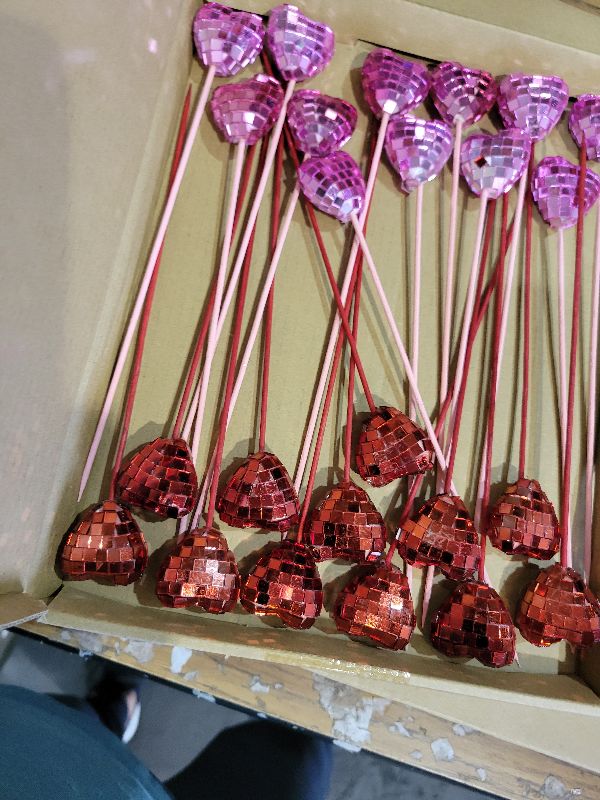 Photo 1 of 24 PCS Valentines Day Decoration Heart Picks with Mirror Disco Balls Glitter Red Love Valentines Picks for Vase Filler Heart Mirror Table Centerpieces for Valentine's Day Party Supplies(1, Pink Red)