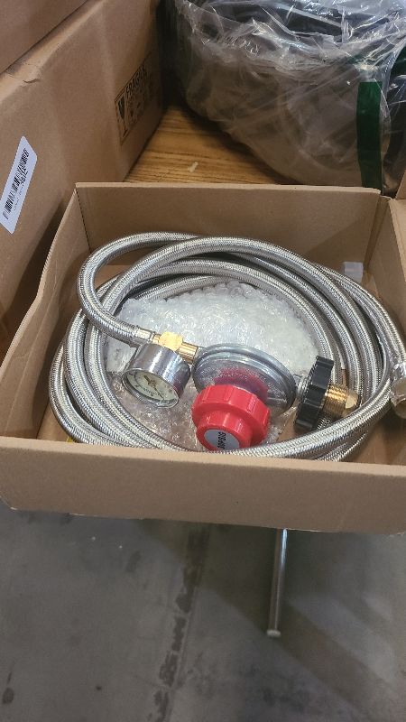 Photo 1 of 10FT High Pressure Propane Regulator with Hose, Adjustable 0-30 PSI Regulator with Gauge, Stainless Steel Braided Hose, Connect 5-100LB POL Propane Tank to Fire Pit Burner Heater Fryer Smoker Griddle