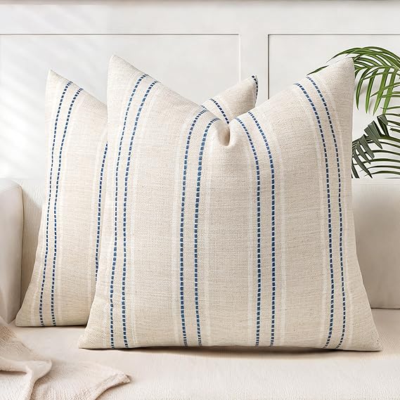 Photo 1 of 18x18 Decorative Farmhouse Linen Blend Throw Pillow Covers, Boho Textured Pillow Case, Set of 2,Beige with White & Royal Blue Stitch Yarn Dyed Stripe Cushion Cover for Sofa Living Room(Cover ONLY)