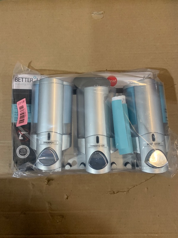 Photo 1 of ***(USED/ UNABLE TO TEST ITEM)***Better Living Aviva Shower Dispenser 3 Chamber, Wall Mount Shower Soap Dispenser for Bathroom Hotel Body Wash, Built-in Hooks, No Drill, Waterproof Shampoo Soap Dispenser, 3 x 11 oz, Satin Silver