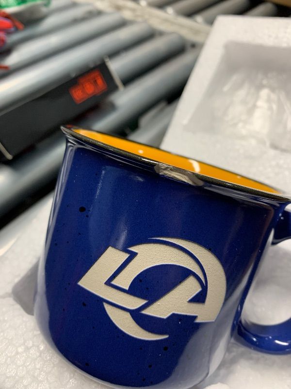 Photo 1 of (CHIPPED) (SEE NOTES AND ALL PHOTOS) The Memory Company Officially Licensed 15oz Camping Mug with Logo, Las Angeles Rams