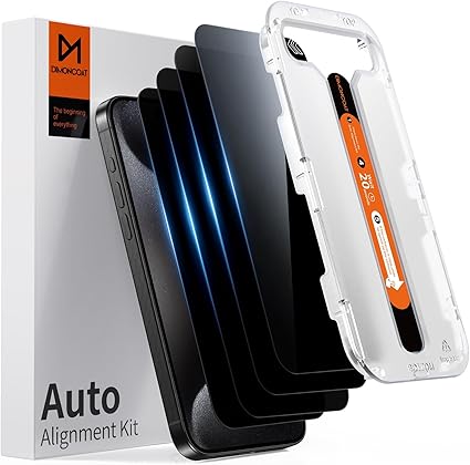 Photo 1 of DIMONCOAT 4-PACK TOP 9H+ Glass for iPhone 15 Pro Max Privacy Screen Protector [Auto Alignment Kit] [10X Military Protection] UNBREAK Tempered Glass Film for iPhone 15 Pro Max 6.7 inch Case-Friendly