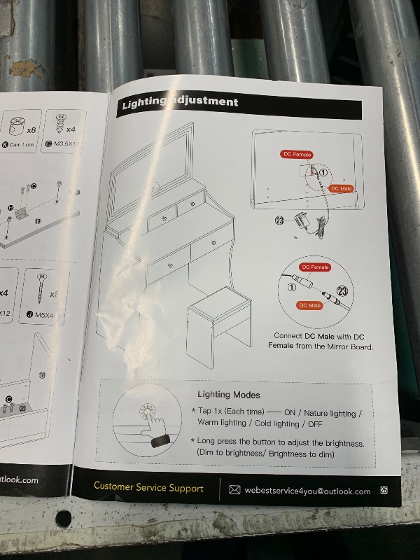 Photo 1 of (missing pieces) COMHOMA Makeup Vanity Desk with Mirror and Lights, Vanity Table and Chair Set with 4 Drawers and Charging Station