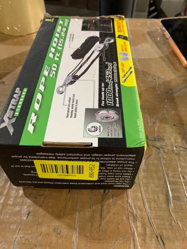 Photo 1 of ?XSTRAP STANDARD Heavy-Duty Block and Tackle Pulley System, 1000LB wCapacity, 5:1 Lifting Power, 50FT Rope Hoist with 2 Soft Loops for Garage, Hunting, Tree Cutting, Deer Hoist, DIY Attic Lift, Black