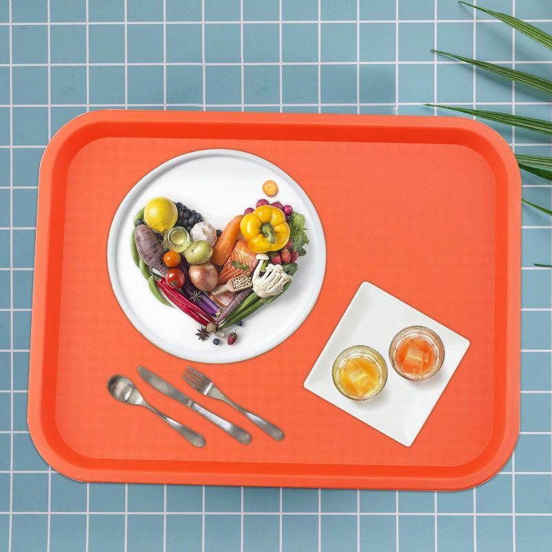 Photo 1 of ***PARTIAL SET, MISSING 2 - PRICE ADJUSTED*** MAHIONG 8 Pack 14x10 Inch Orange Fast Food Tray, Large Rectangular Restaurant Serving Trays, Plastic Cafeteria Trays School Lunch Trays