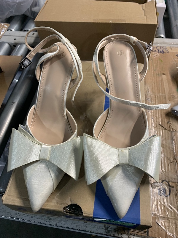 Photo 1 of ***(HEAVILY USED/ MINOR DAMAGE)***Coutgo Bow Heels for Women Rhinestone Closed Toe High Heel Strappy Dress Wedding Bridal Pumps Shoes, Creamy, Size 9