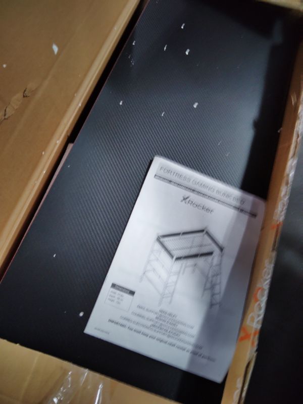 Photo 1 of **************INCOMPLETE ITEM, THIS IS ONLY BOX #1 OUT OF 2 TOTAL*************
X Rocker Fortress Video Gaming Twin Loft Bed, Durable Black Metal Bed Frame, Built-in Desk and 3 Shelves, 77.64" x 59.17" x 72.05"