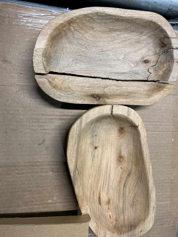 Photo 1 of ***DAMAGED-SEE NOTES/PICTURES***2 Pcs Wooden Dough Bowls for Decor Oblong Decorative Bowl Home Decor Fruit Vessel for Kitchen Counter Rustic Carved Serving Container Long Wooden Bread Tray for Dining Room Table(10 x 6 x 2 Inch)