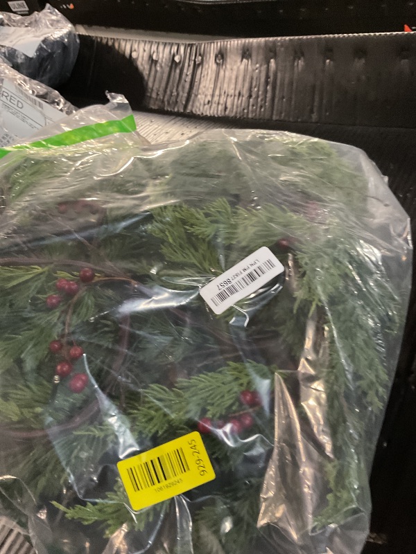 Photo 1 of [ Timer & 8 Modes ] 9 Ft by 10 Inch 50 LED Prelit Christmas Garland Decorations Warm White Lights Thick 270 Snowy Tips 70 Red Berry 10 Pinecone Xmas Decor Garland Indoor