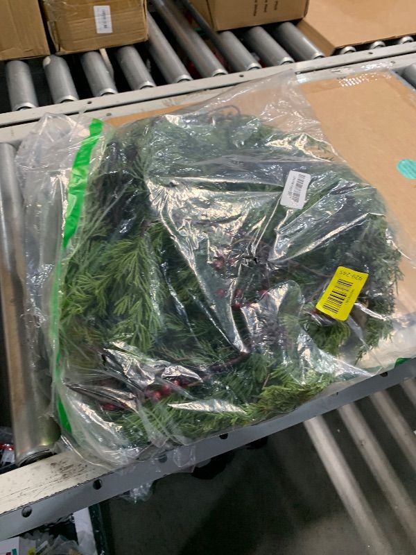 Photo 3 of [ Timer & 8 Modes ] 9 Ft by 10 Inch 50 LED Prelit Christmas Garland Decorations Warm White Lights Thick 270 Snowy Tips 70 Red Berry 10 Pinecone Xmas Decor Garland Indoor