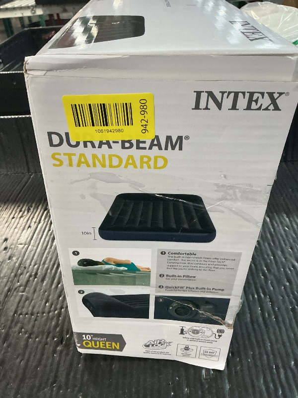 Photo 1 of (MISSING BATTERY POWER) INTEX 64149ED Dura-Beam Standard Pillow Rest Air Mattress: Fiber-Tech – Queen Size – Built-in Electric Pump – 10in Bed Height – 600lb Weight Capacity