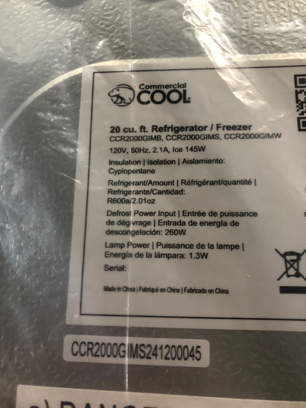 Photo 1 of ****OPENED FOR INSPECTION***TRUCK PICK UP***Commercial Cool 20 Cu. Ft. Top Mount Refrigerator with Ice Maker, 2-Door Refrigerator with Top Freezer,Freezer with Icemaker and Adjustable Temperature Control,Energy Star Certified, Stainless Look