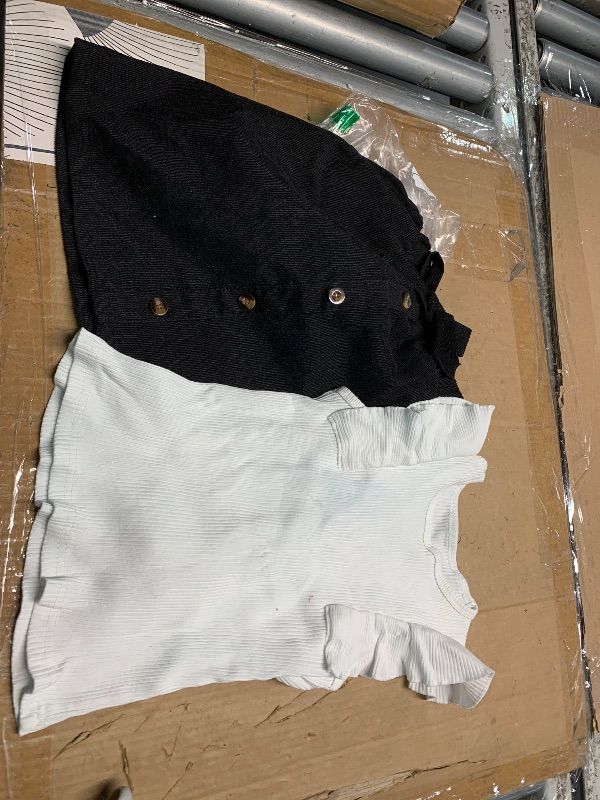 Photo 1 of ***MINOR DAMAGED - SEE NOTES/PICTURES***
SHENHE 2pcs Girl's Skirt Outfits Ruffled Ribbed Cap Sleeve T Shirt and Button Down Tie Front Skirt Set White and Black 10 Years