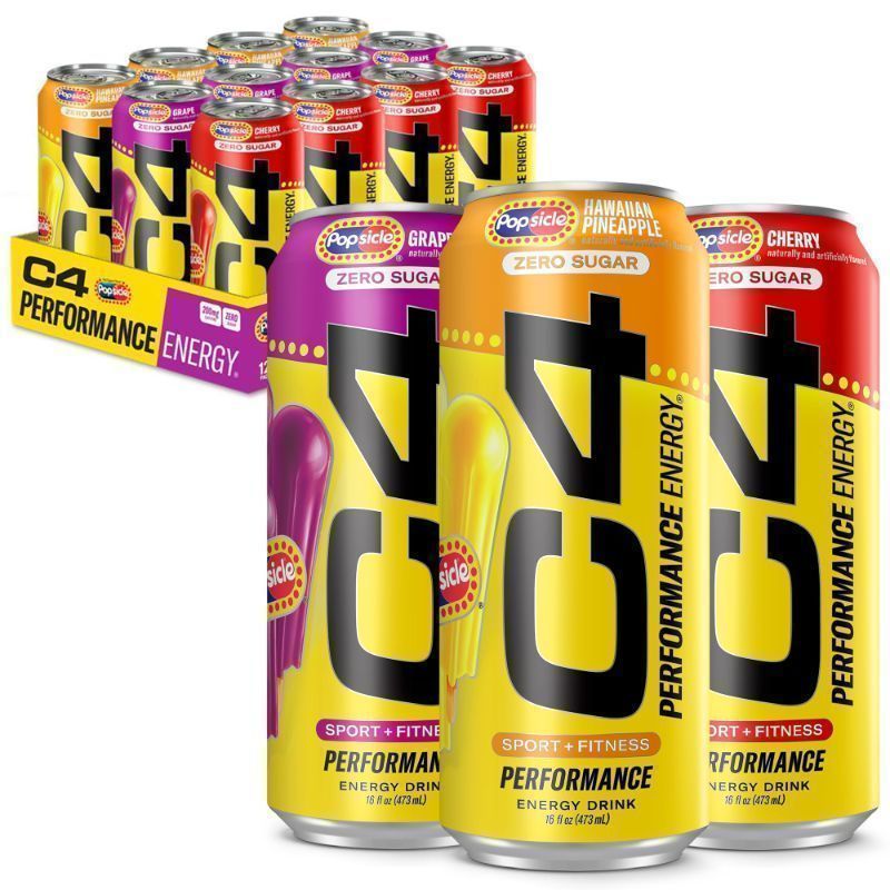View 1 of ***EXP: 01/26***C4 Energy Drink x Popsicle Variety Pack, Carbonated Sugar Free Pre Workout Performance Drink with no Artificial Colors or Dyes, 3 Flavors - Grape, Hawaiian Pineapple, and Cherry, 16 Oz, Pack of 12