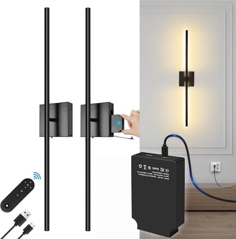 Photo 1 of ***FACTORY SEALED*** 10000mAh Removable Battery Operated 31.5’‘ Wall Sconces with Remote Control Dimmable Black LED Wireless 13.6W Wall Lights Rechargeable Wall Lamps for Indoor Living Room Bedroom Foyer (2 Pack)