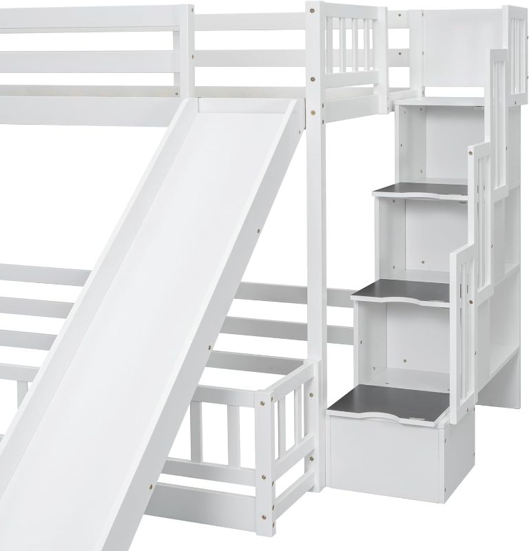 Photo 1 of ***PARTIAL SET (BOX #1 OF2)- PRICE ADJUSTED*** KEIKI Twin Over Full Bunk Bed with Slide, Storage Staircase, Pine Solid Wooden Bunk Bed with Safety Guardrails,White
