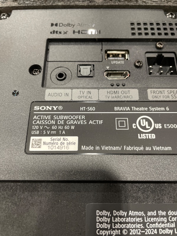 Photo 1 of *************FOR PARTS ONLY- MISSING CONTROLL BOX************
Sony BRAVIA Theater System 6, 5.1ch Home Theater System Sound bar with subwoofer and Rear Speakers, Surround Sound by Dolby Atmos/DTS:X Compatible HT-S60