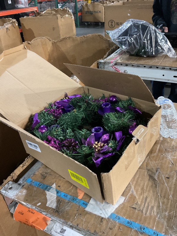 Photo 1 of [Safety Fire Retardant] Christmas Purple Advent Wreath Decor 4 Advent Candle Holder with 4 Pinecorn 4 Ribbon 2 Poinsettia 4 Ball 4 Berry Christmas Centerpiece Table Decorations Home Indoor(No Candles)
