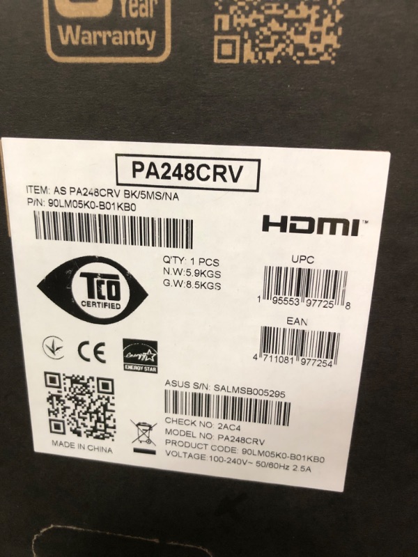 Photo 1 of ASUS ProArt 24” (24.1” viewable) 16:10 HDR Professional Monitor (PA248CRV) - IPS, (1920 x 1200), 97% DCI-P3, ?E < 2, Calman Verified, USB-C PD 96W, DisplayPort, Daisy-Chain, Ergonomic, 3yr Warranty