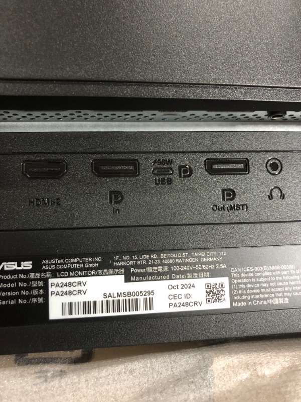 Photo 1 of ASUS ProArt 24” (24.1” viewable) 16:10 HDR Professional Monitor (PA248CRV) - IPS, (1920 x 1200), 97% DCI-P3, ?E < 2, Calman Verified, USB-C PD 96W, DisplayPort, Daisy-Chain, Ergonomic, 3yr Warranty