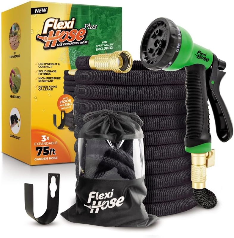 Photo 1 of Flexi Hose PLUS with 8 Function Nozzle Expandable Garden Hose, Lightweight & No-Kink Flexible Garden Hose, 3/4 inch Solid Brass Fittings and Double Latex Core, 75 ft Black