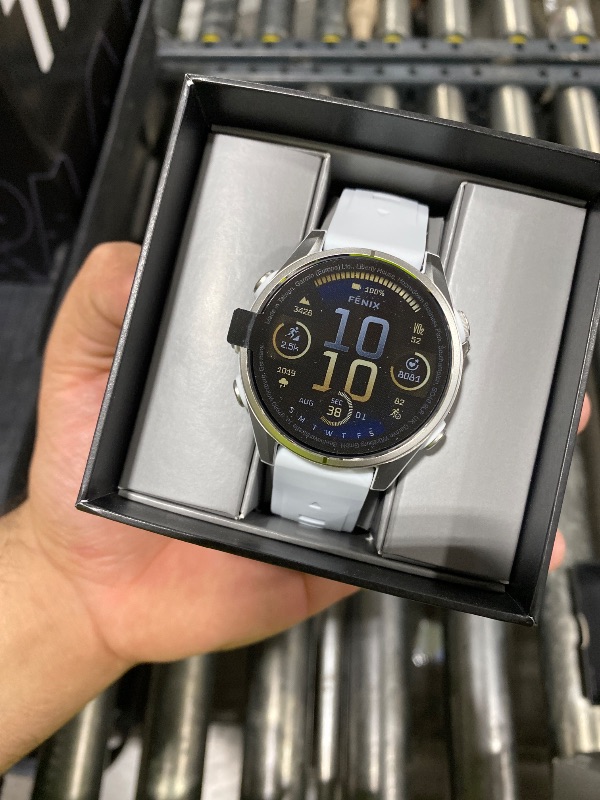 Photo 1 of Garmin f?nix® 8 – 43mm, AMOLED, Premium Multisport GPS Smartwatch, Long-Lasting Battery Life, Dive-Rated, Built-in LED Flashlight, Silver with Whitestone Band