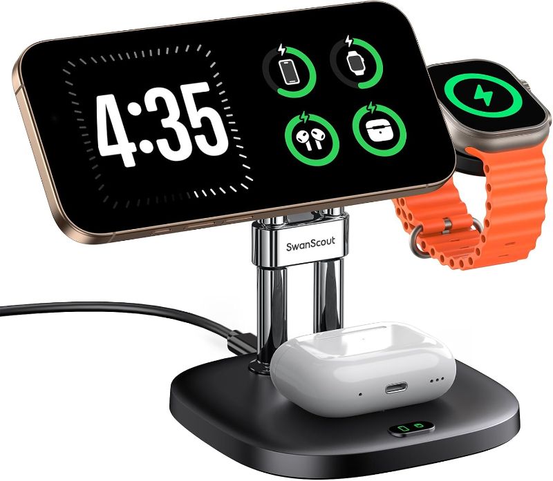 Photo 1 of 3 in 1 Wireless Charger Stand for MagSafe, SwanScout 712M, Magnetic Wireless Charging Station for Apple Devices, Charging Dock for iPhone 17/Air/16/15/14 Series, Apple Watch, AirPods (No Adapter)