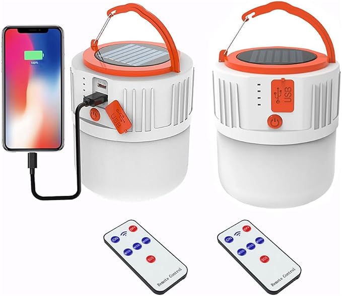 Photo 1 of [100W 5000Mah] Solar Camping Lights Portable Rechargeable Lantern Hooked Hanging Tent Lamp Remote Battery Bulbs Outdoor 5000mah 5 Modes Waterproof for Power Outages Canopy Gathering Emergency 2 Pack

