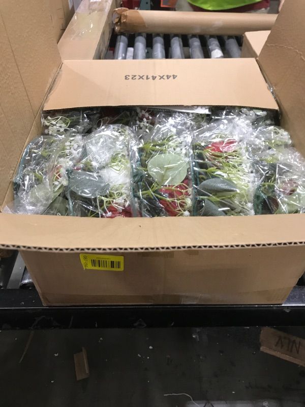 Photo 1 of BLOSMON Wedding Table Flower Centerpiece: 10 Pcs 14 Inch Diam Large Crimson White Rose Babys Breath Artificial Flowers Candle Rings Wreaths for Home Party Table Decor Spring Floral Wreath