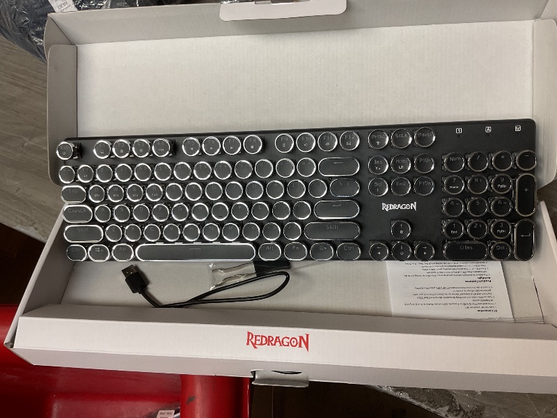 Photo 1 of Redragon Typewriter Keyboard Wireless, Mechanical Gaming Keyboard, Bluetooth/2.4Ghz/Wired, RGB LED Backlit, Rechargeable, Blue Switch - Clicky, Solid Metal Panel, Round Keycaps, Black