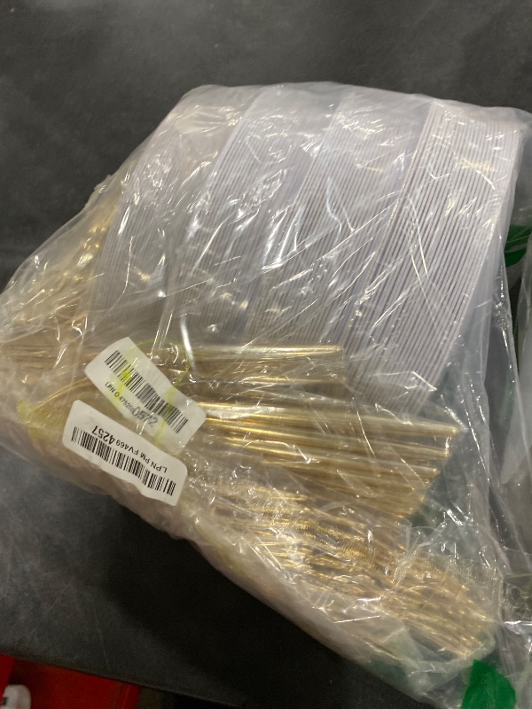 Photo 1 of Rubtlamp 200Pcs Gold Plastic Dessert Plates,White Appetizer Platos with Gold Disposable Forks, Fancy Small Dessert/Cake Plates Include 100pcs 7.5" Salad Platos, 100pcs 7.6" Plastic Forks for Party
