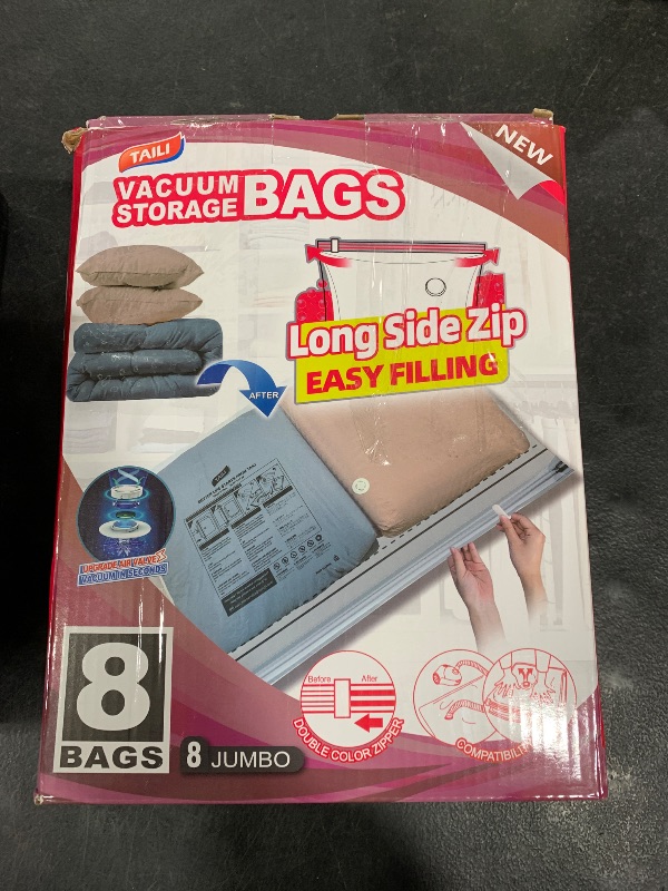 Photo 1 of TAILI 8 Pack Vacuum Storage Bags, Jumbo Size 39x28 inch, LONG SIDE ZIP Vacuum Seal Bags for Beddings, Extra Large Storage Space Saver for Clothing, Comforters, Blankets, Pillows