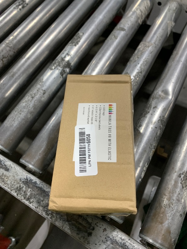 Photo 1 of 100 Large Tags with Elastic String Attached - # 8, 6 1/4" x 3 1/8" - Big Shipping Tags with Elastic String Loop and Reinforced Hole, Tie On Labels