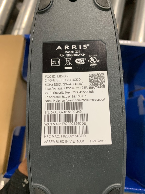 Photo 1 of ARRIS (G34) - Cable Modem Router Combo - Fast DOCSIS 3.1 Gigabit WiFi 6 (AX3000), Approved for Comcast Xfinity, Cox, Spectrum & More, 1 Gbps Max Internet Speeds