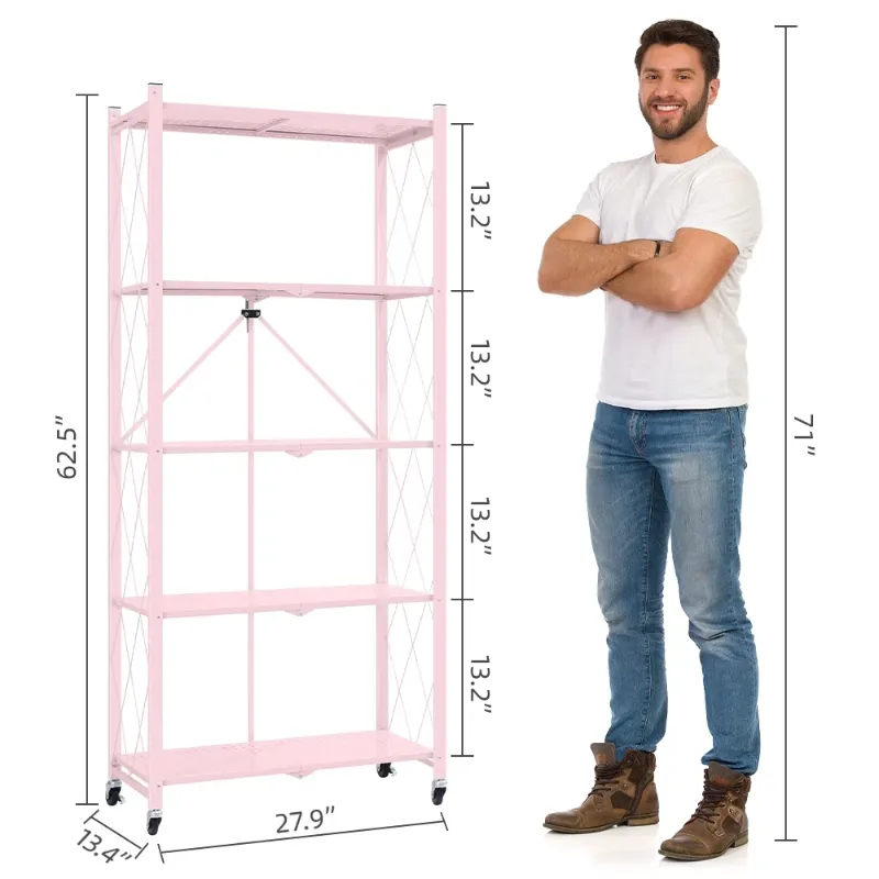 Photo 1 of **HAS DENTS**COOKCOK 5-Tier Storage Shelving Unit, Metal Shelf 27.9"x13.4"x62.5, Foldable Storage Shelf with Wheels, Garage Shelf, Kitchen Shelf with 4 Hooks, No Assemble Require, Pink
