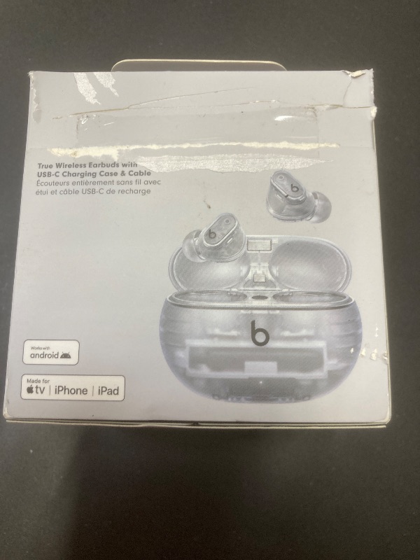 Photo 1 of ***LEFT SIDE NOT WORKING PROPERLY**CHARGER CORD MISSING****Beats Studio Buds + | True Wireless Noise Cancelling Earbuds, Enhanced Apple & Android Compatibility, Built-in Microphone, Sweat Resistant Bluetooth Headphones, Spatial Audio - Transparent***LEFT 