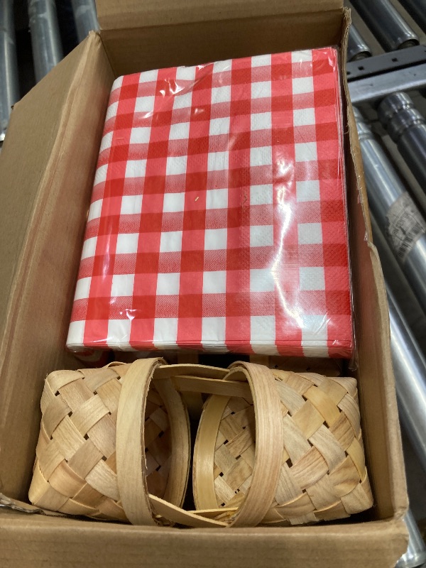Photo 1 of **SOME BASKETS HAVE BROKEN HANDLES**Geelin 24 Pcs Mini Woven Basket with Handle 20 Sheet Red and White Gingham Paper Napkins Wood Chip Mini Flower Fruit Picnic Basket Chip for Easter Spring Wedding Party Gift Decoration (Medium)