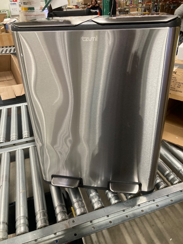 Photo 1 of ***DENT ON FRONT EDGE AS PICTURED***Tzumi Dual-Compartment Recycling Bin Stainless Steel Trash Can for Kitchen, 16 Gallon Total***DENT ON FRONT EDGE AS PICTURED***