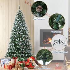 Photo 1 of Garvee 7.5ft Pre-Lit Snow Flocked Christmas Tree, Artificial Xmas Tree with Snowy Branch Tips, Hinged Metal Stand, Flame-Retardant Material, Fake Christmas Tree for Yard, Home, Entrances