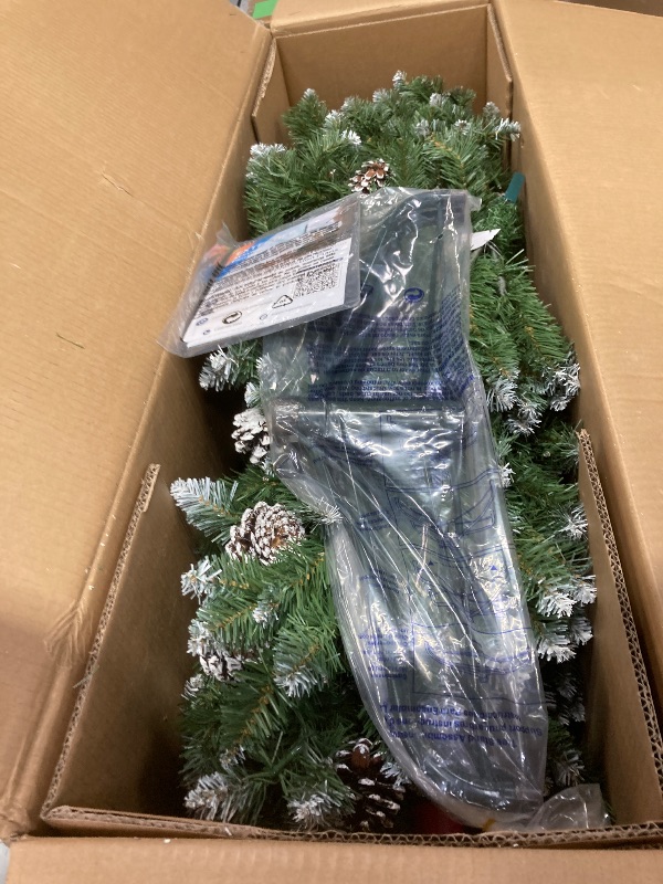 Photo 1 of Garvee 7.5ft Pre-Lit Snow Flocked Christmas Tree, Artificial Xmas Tree with Snowy Branch Tips, Hinged Metal Stand, Flame-Retardant Material, Fake Christmas Tree for Yard, Home, Entrances