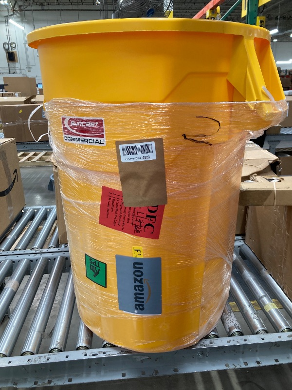 Photo 1 of **broken**Suncast Commercial Products 44 Gallon Trash Can with Vented Channels, Ergonomic Handles, Rolled Upper Lip, Made in The USA, Yellow, Made in The USA